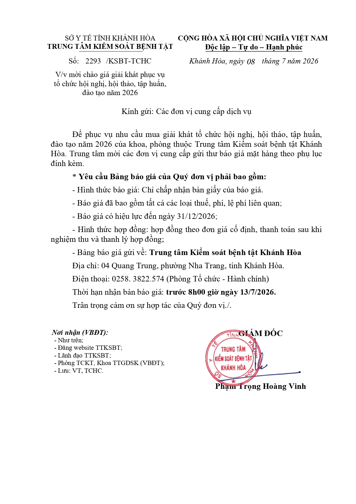 V/v mời chào giá giải khát phục vụ tổ chức hội nghị, hội thảo, tập huấn, đào tạo năm 2026